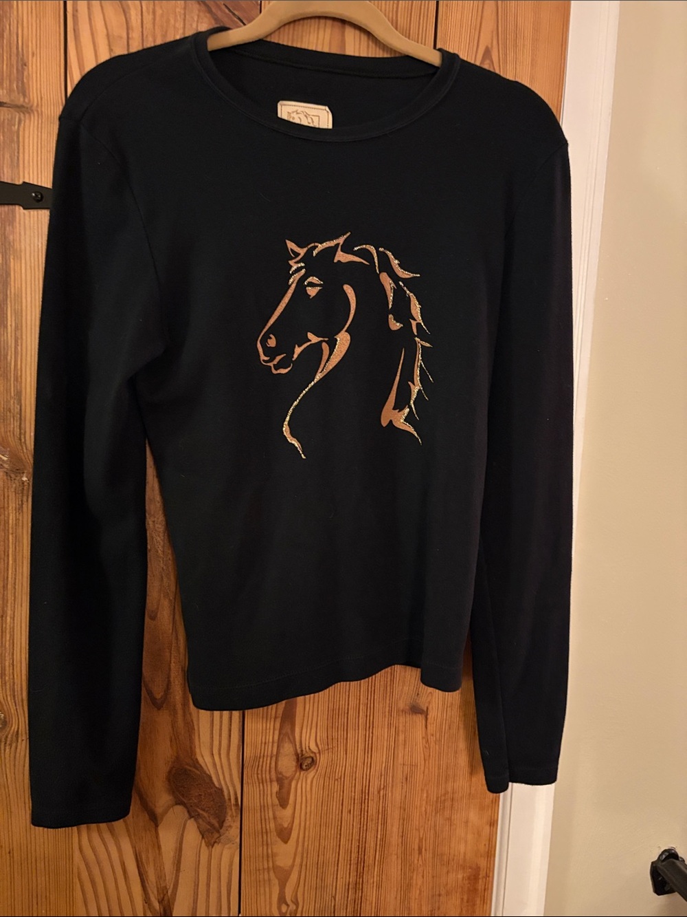 Black Long Sleeve Tee with Metallic Horse Graphic